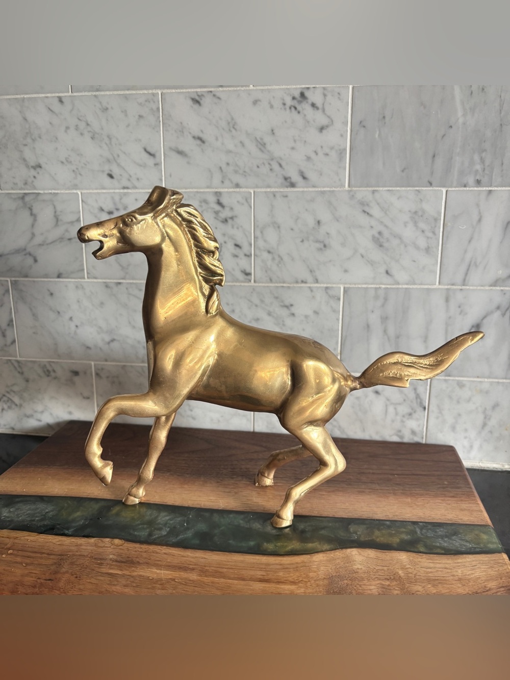 Vintage 8.5” Brass Wild Running Mustang Horse, Rustic Western Farmhouse Decor